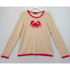 Hannah Rose Cashmere Sweater L Tan Red Crab Graphic Lightweight Knit Long Sleeve